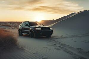 luxury car on sand dunes. Generative AI photo