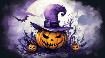 Halloween pumpkin in a hat big moon bat background, watercolour photo