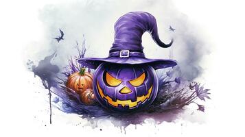 Halloween pumpkin in a hat big moon bat background, watercolour photo