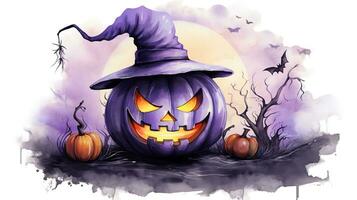 Halloween pumpkin in a hat big moon bat background, watercolour photo