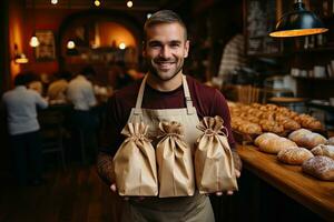 empleados paquete clientes con Fresco pasteles en un elegante comercio.. generativo ai foto