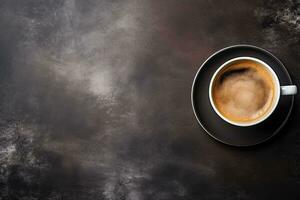 Laptop and coffee cup on black background. Top view with copy space. Generative AI photo