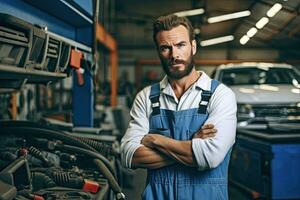 Technician, male auto mechanic in coverall in modern auto repair shop, garage. Generative AI photo