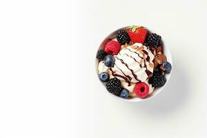 Ice cream with fresh berries in glass bowl on white background, top view. Generative AI photo
