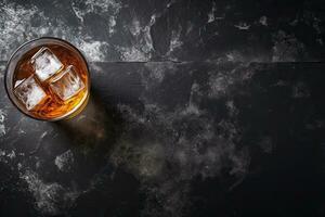 Whiskey with ice cubes on black marble background, top view.  Generative AI photo