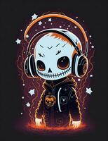 skeleton listening to music on dark background laser graphics for halloween photo