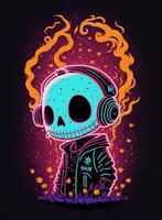 skeleton listening to music on dark background laser graphics for halloween photo