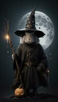 animal wizard in a pointy hat on a moonlit night photo