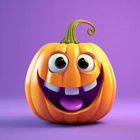 Halloween pumpkin with eyes and a smile on a light lilac background, 3D photo