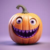 Halloween pumpkin with eyes and a smile on a light lilac background, 3D photo