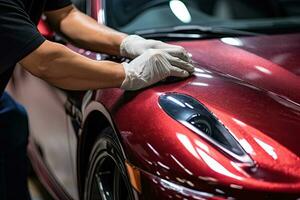 Close up of a auto body mechanic buffing a scratch on sports car. Generative AI photo