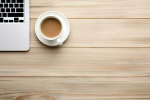 Office desk table with keyboard and coffee cup. Top view with copy space. Generative AI photo