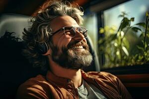 joven hombre en auriculares escuchando a música a hogar. hombre sentado en sofá. generativo ai foto