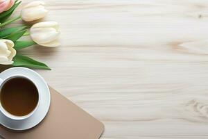 Office desk table with keyboard and coffee cup. Top view with copy space. Generative AI photo