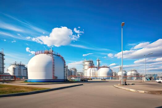 modern petrochemical plant with reactors and converters under heavy sky with copy space. Generative AI photo