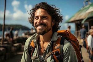 handsome young man tourist having fun on summer vacation smiling and looking at camera. Generative AI photo