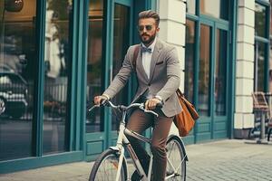 Handsome young man in suit and tie riding bicycle in city. Generative AI photo