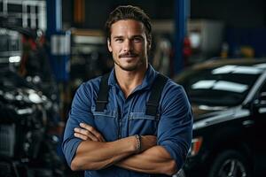 Technician, male auto mechanic in coverall in modern auto repair shop, garage. Generative AI photo