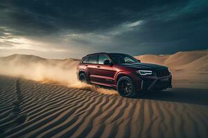 luxury car on sand dunes. Generative AI photo