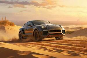luxury car on sand dunes. Generative AI photo