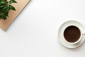 Office desk table with keyboard and coffee cup. Top view with copy space. Generative AI photo