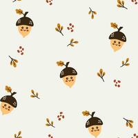 Autumn pattern with acorns and foliage. Acorn character. Creative background for fabric, textile, scrapbooking and prints. Vector illustrations for kids.