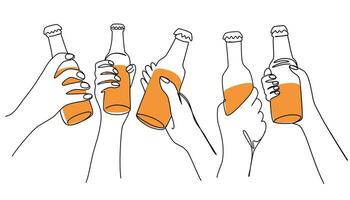 One continuous line drawing of Hands clink beer bottles. National Beer day. Hand drawn one line art vector illustration isolated on the white background.