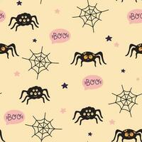 Halloween seamless pattern. Seamless pattern with cute halloween elements. Spider, stars and flags with lettering boo. Vector flat design illustration.