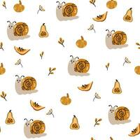 Autumn pattern with snails, pumpkins and leaves. Creative background for fabric, textile, scrapbooking and prints. Vector illustrations for kids.