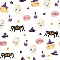 Halloween seamless pattern. Seamless pattern with cute halloween elements. Skulls, magic potion, spiders and hats. Vector flat design illustration.