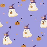 Cute Ghost seamless pattern, kids Halloween digital background. Violet spooky fabric design with ghost and pumpkins. Vector illustration for textile, fabric and wallpaper