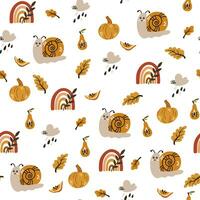 Autumn pattern with snails, rainbow, clouds with rain, fruits and leaves. Creative background for fabric, textile, scrapbooking and prints. Vector illustrations for kids.