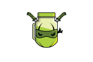 Ninja Mascot with Lemon Jar Mug with Metal Swords vector illustration. Food and drink object icon concept. Summer fresh lemon juice icon logo. Creative ninja lemon juice logo icon. png