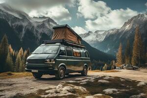 Camping in the mountains. Caravan car on the background of mountains. Generative AI photo