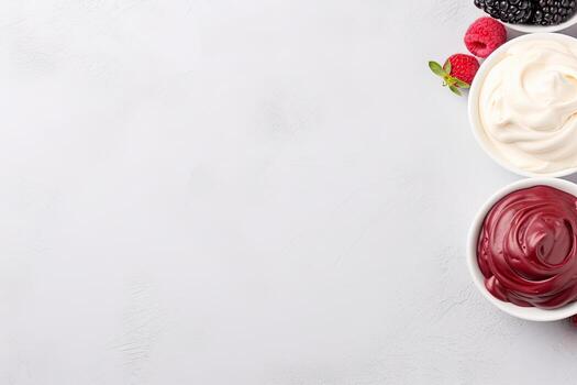 Ice cream with fresh berries in glass bowl on black background, top view. Generative AI photo