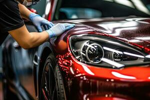 Close up of a auto body mechanic buffing a scratch on sports car. Generative AI photo
