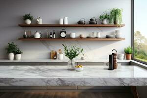 Interior of modern kitchen with gray walls, concrete floor, white marble countertops and bar with stools. Generative AI photo