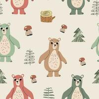 Seamless pattern with cartoon bears, trees, decor elements. Childish texture for fabric, textile, apparel, nursery decoration. Hand drawn vector illustration.