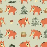 Cute seamless pattern with forest boar, mushrooms,stump and trees. Childish texture for fabric, textile, apparel, nursery decoration. Hand drawn vector illustration.