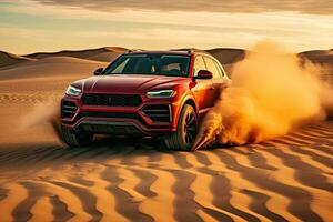 luxury car on sand dunes. Generative AI photo