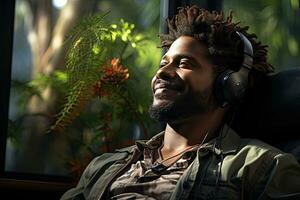 Young man in headphones listening to music at home. man sitting on sofa. Generative AI photo
