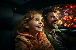 contento padre y hija mirando a cámara mientras sentado en asiento trasero de coche. generativo ai foto