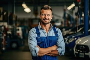 Technician, male auto mechanic in coverall in modern auto repair shop, garage. Generative AI photo