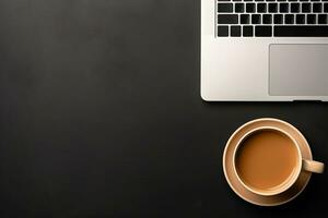 Laptop and coffee cup on black background. Top view with copy space. Generative AI photo