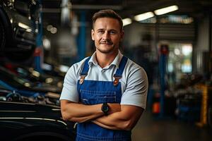 técnico, masculino auto mecánico en bata en moderno auto reparar comercio, cochera. generativo ai foto