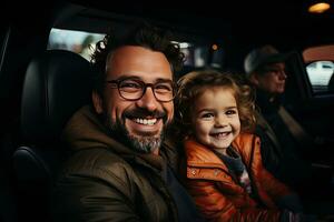 happy father and daughter looking at camera while sitting in backseat of car. Generative AI photo