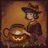 Woman wearing witch hat with spooky pumpkin, Halloween concept. photo