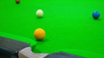 Shoot white ball and hit yellow into hole in middle of table. Game of snooker ,playing a snooker game hit a target ball into the corner pocket ,cue ball striking balls ,indoor sport concept.. video