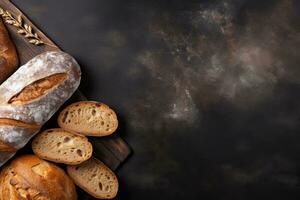 Freshly baked bread and wheat ears on rustic background. Top view with copy space. Generative AI photo