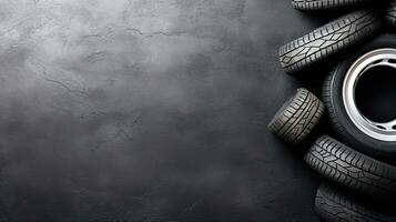 Car tires on black background. Top view with copy space. Generative Ai photo